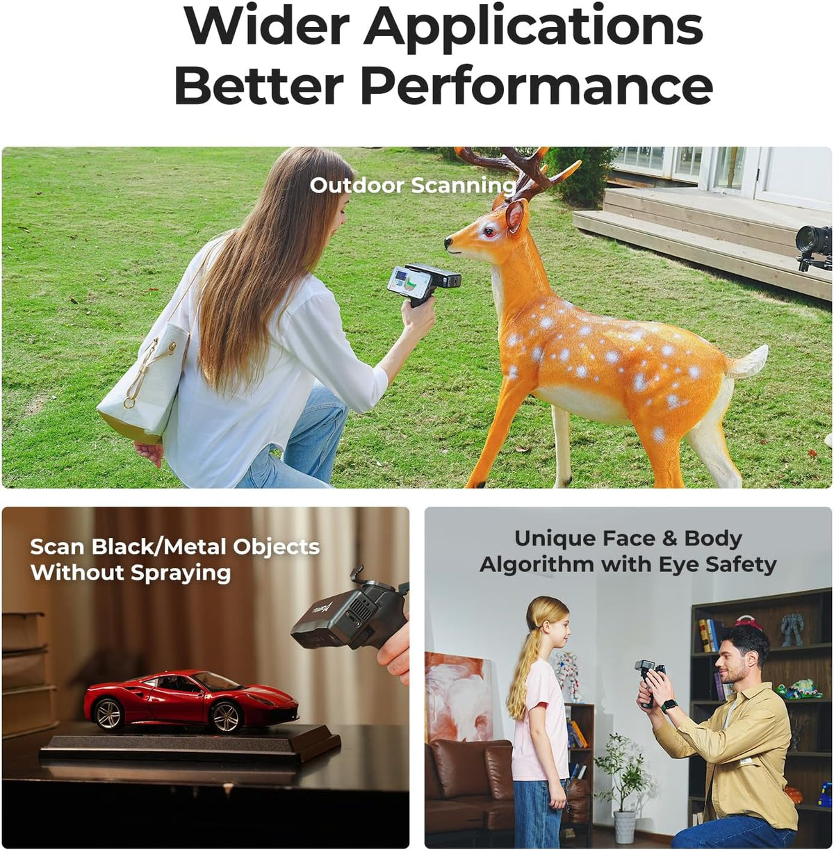 Person using a device to scan a deer figure outdoors, with text about wider applications and better performance.