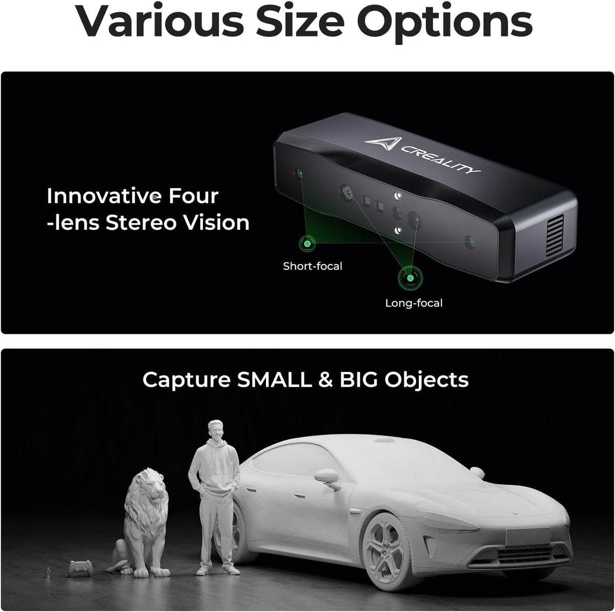 Creality 3D scanner with text about various size options and stereo vision capabilities.