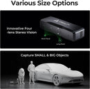 Creality 3D scanner with text about various size options and stereo vision capabilities.