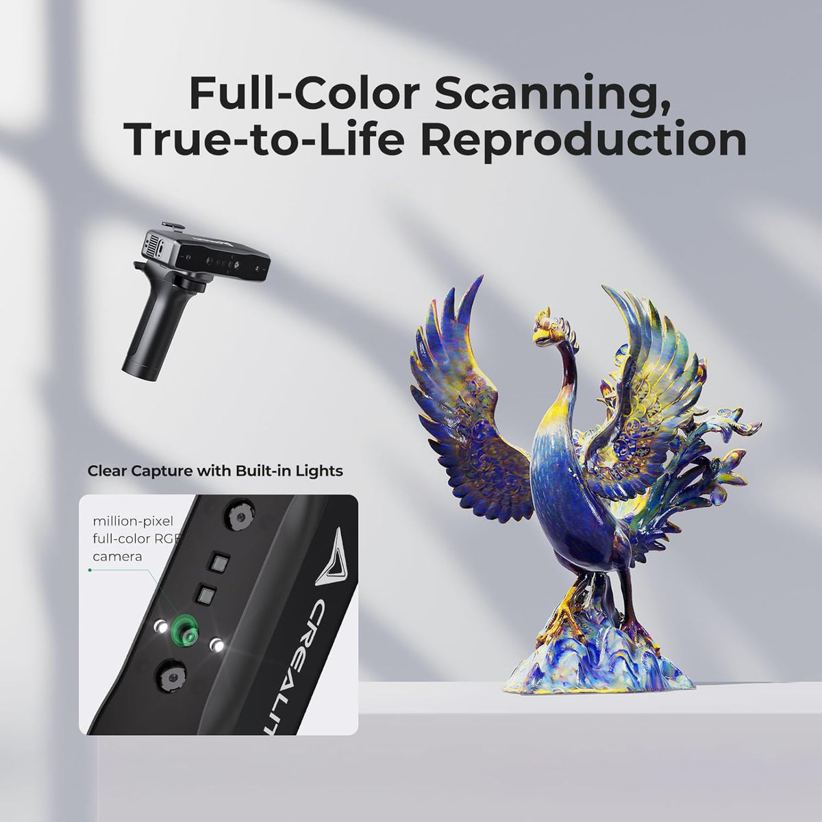 3D scanner with a detailed phoenix sculpture on a gray background