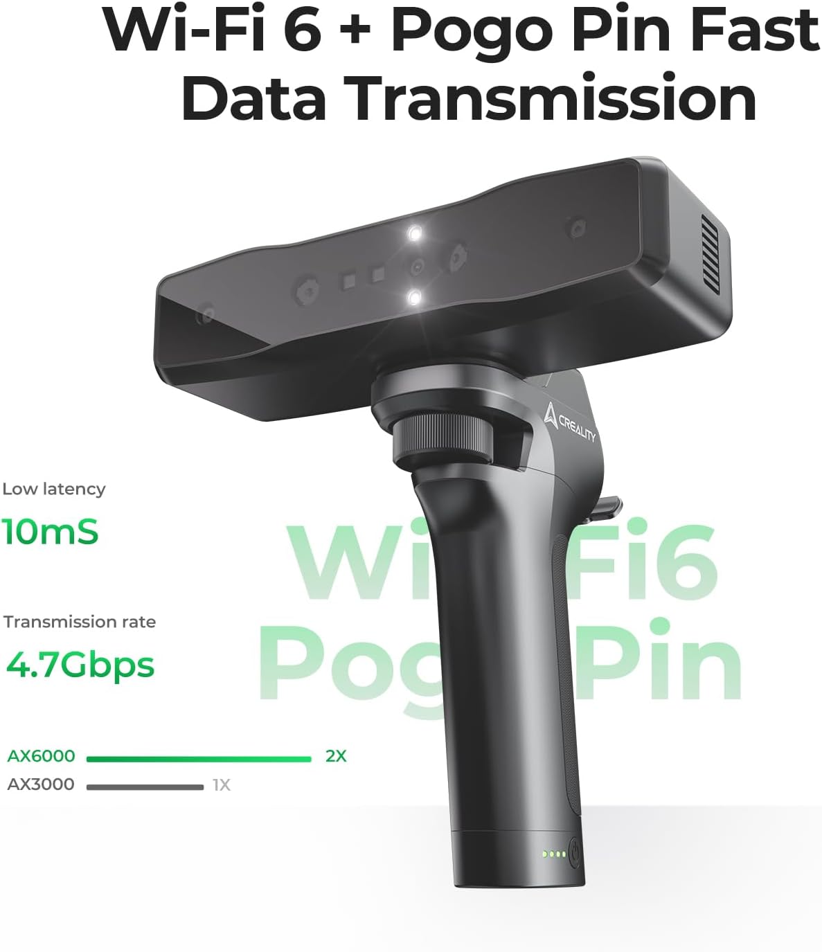 Wireless charging stand with Wi-Fi 6 and Pogo Pin technology on a white background