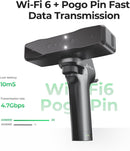 Wireless charging stand with Wi-Fi 6 and Pogo Pin technology on a white background