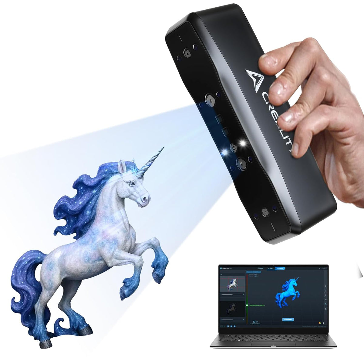 Hand holding a device projecting a unicorn onto a screen with a unicorn figurine on a white background