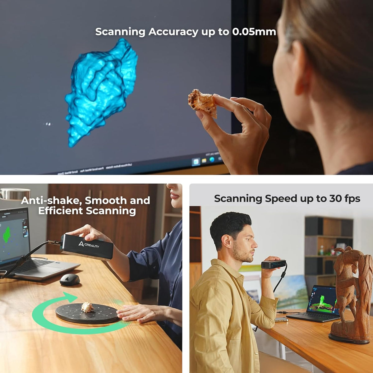 Scanning device in use with a person holding food, scanning accuracy details, anti-shake feature demonstration, and scanning speed details.