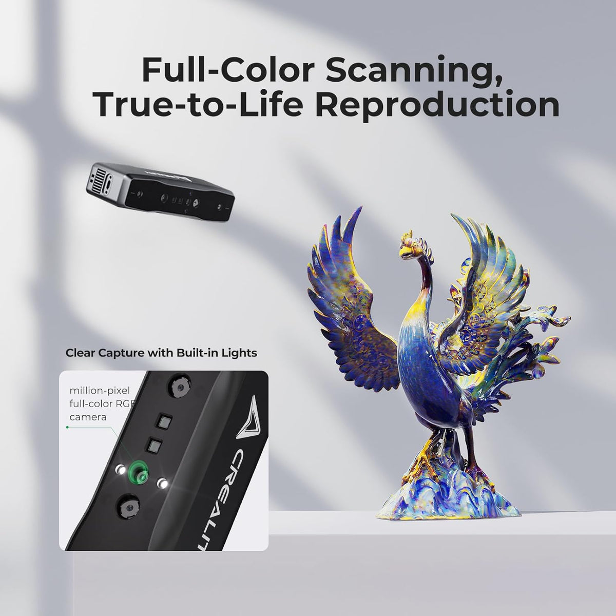 Camera device with built-in lights and a detailed peacock sculpture on a white background.