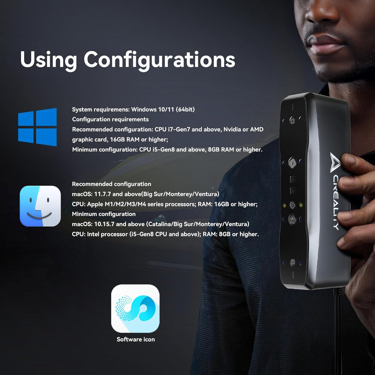 Person holding a device with system requirements text and icons on a dark background