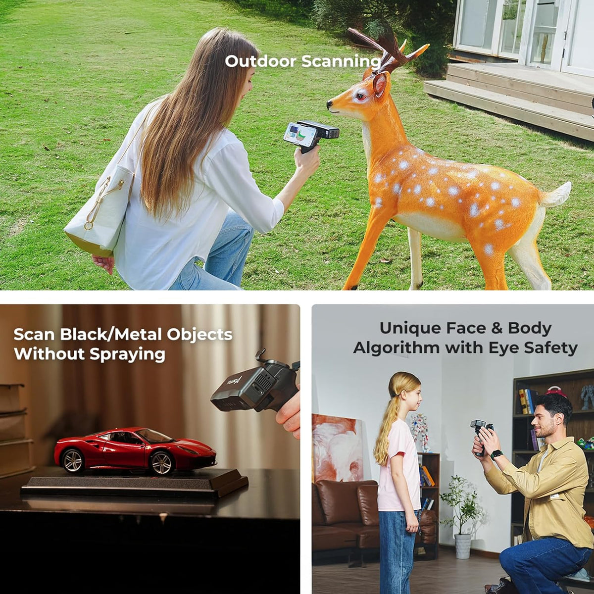 Person using a device to scan a deer model outdoors, with text on scanning black/metal objects and face/body algorithm.