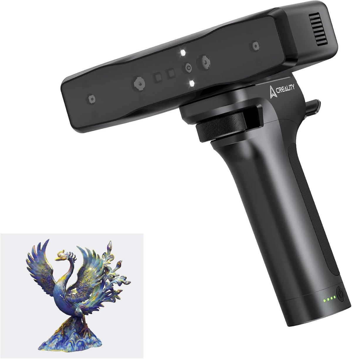 3D scanning device with a small model of a phoenix on a white background