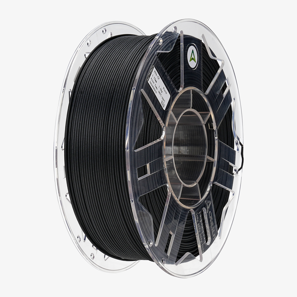 Black Creality PPA-CF filament on a clear spool, shown at an angle on a light grey background.