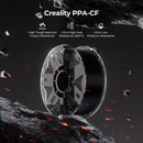 Spool of Creality PPA-CF filament on a rocky surface with text highlighting its features.