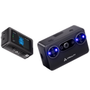 Two black devices with blue lights on a white background, featuring the Creality logo.