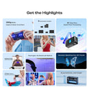 A promotional infographic titled 'Get the Highlights' showing multiple feature panels for a handheld VR headset. The panels include a person holding the headset, connection mode diagrams, AI ease-of-use illustration, marker-free close-up view, dual light detail, a butterfly in 3D visuals, 110 fps capture claim, and battery/scan longevity claim.