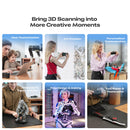 A promotional collage with the headline 'Bring 3D Scanning into More Creative Moments' and six panels showing use cases such as gear customization, art creation, personalized customization, character and figure creation, prop design and making, and tool repair and restoration. Multiple people and real indoor environments are visible, so this is Lifestyle rather than Product/Packaging.