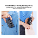 A compact black smartphone shown being held in a person's hand and tucked into a light blue shirt pocket, with text above reading 'Small in Size. Ready for Big Ideas.