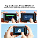 A three-panel demonstration showing a handheld black tablet-like device with a screen, held by two hands against a light blue background. The top text reads, 'Tap the Screen.