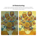 Promotional graphic for AI retexturing, with explanatory text at the top and two side-by-side painted sunflower bouquets below on a white background.