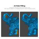 A promotional graphic for an AI hole filling tool, showing two side-by-side 3D renders of a blue elephant sculpture on a dark gray background, with the left render having visible yellow gaps and the right render appearing cleaner and more complete. Text at the top reads 'AI Hole Filling' with a brief description of the tool.