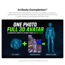 Promotional graphic for Pika's AI Body Completion feature, showing a before-and-after comparison of generating a full 3D avatar from a single photo. The left side shows a face scan, and the right side shows the completed full-body teal 3D model.