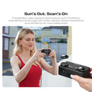 A promotional graphic for a handheld black laser scanner device. The left side shows a woman in a red dress holding a similar device outdoors, with text above describing blue laser and NIR light capabilities.