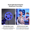Promotional graphic for a dual-light scanning system with two inset photos and explanatory text. The left photo shows a close-up of a blue-lit circular mechanical component under the heading '7 Parallel Blue Laser.