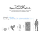 Promotional graphic for a 3D scanning or modeling software/tool, showing various miniature gray reference models (a coin, a bird, a key, a mermaid relief, and a full-body human figure) with their dimensions in millimeters. The top text reads 'Tiny Details? Bigger Objects? Try Both' with additional text detailing 0.