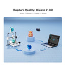 Promotional graphic for a 3D modeling or printing software/service, featuring the text 'Capture Reality. Create in 3D' and 'Scan -> Model -> Create -> Share' above a stylized blue grid scene.