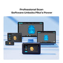 Promotional graphic showing multiple digital device screens displaying a 3D scanning software interface, with the text 'Professional Scan Software Unlocks Pika's Power' above. Devices include a desktop monitor, laptop, tablet, and handheld scanner on a light blue gradient background.