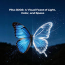 A digital graphic featuring a blue butterfly on the left and a glowing white dotted butterfly on the right, set against a dark blue night sky with text at the top reading 'Pika 3DGS: A Visual Feast of Light, Color, and Space'.