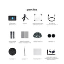 A part list infographic showing all included accessories for a Creativity Pika 3D Scanner, including a tripod, USB cable, batteries, reflective markers, a marker tower, an NIR filter, a turntable, a lanyard, a cleaning cloth, and a quick start guide, arranged on a white background with black text and icons.