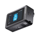 A black action camera with a rear screen displaying a blue underwater-style graphic, shown at an angle on a plain white background.