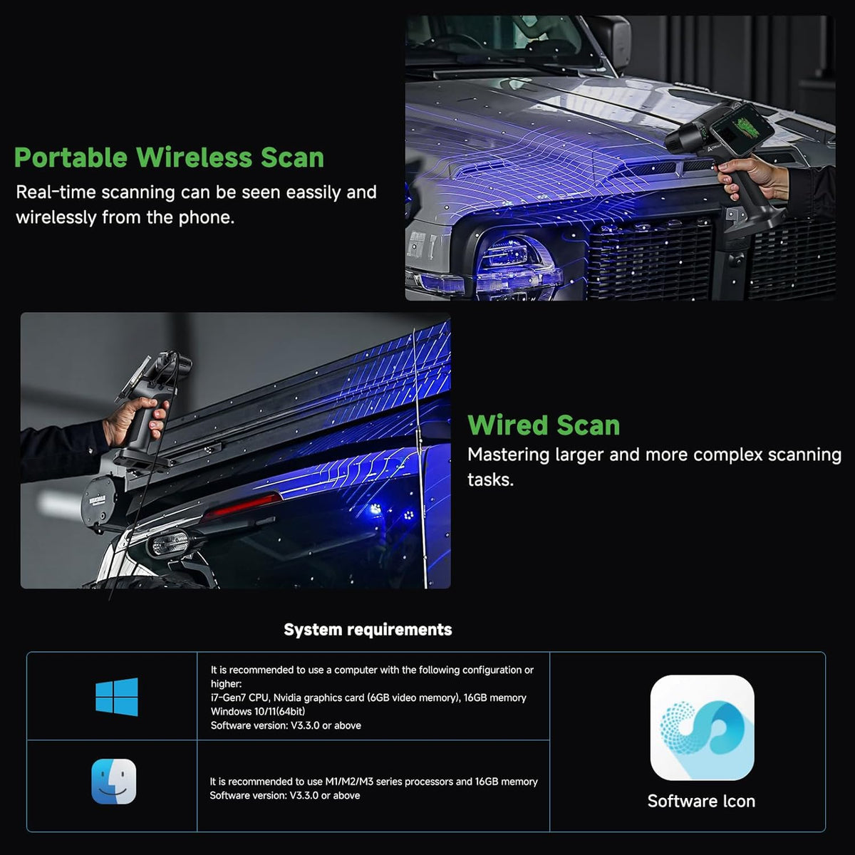 Creality CR-Scan RAPTORX graphic covering wired and wireless scanning, software and system requirements.