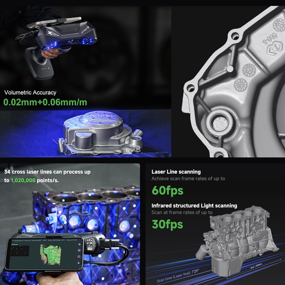 Creality CR-Scan RAPTORX feature collage with scanner images and a specifications summary.