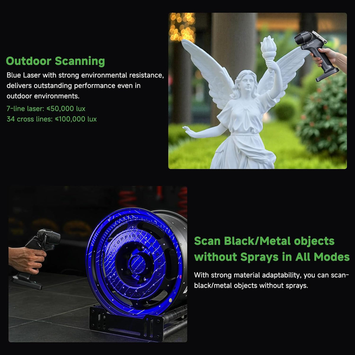 Creality CR-Scan RAPTORX blue-laser scanning example with a statue and outdoor-scanning text.