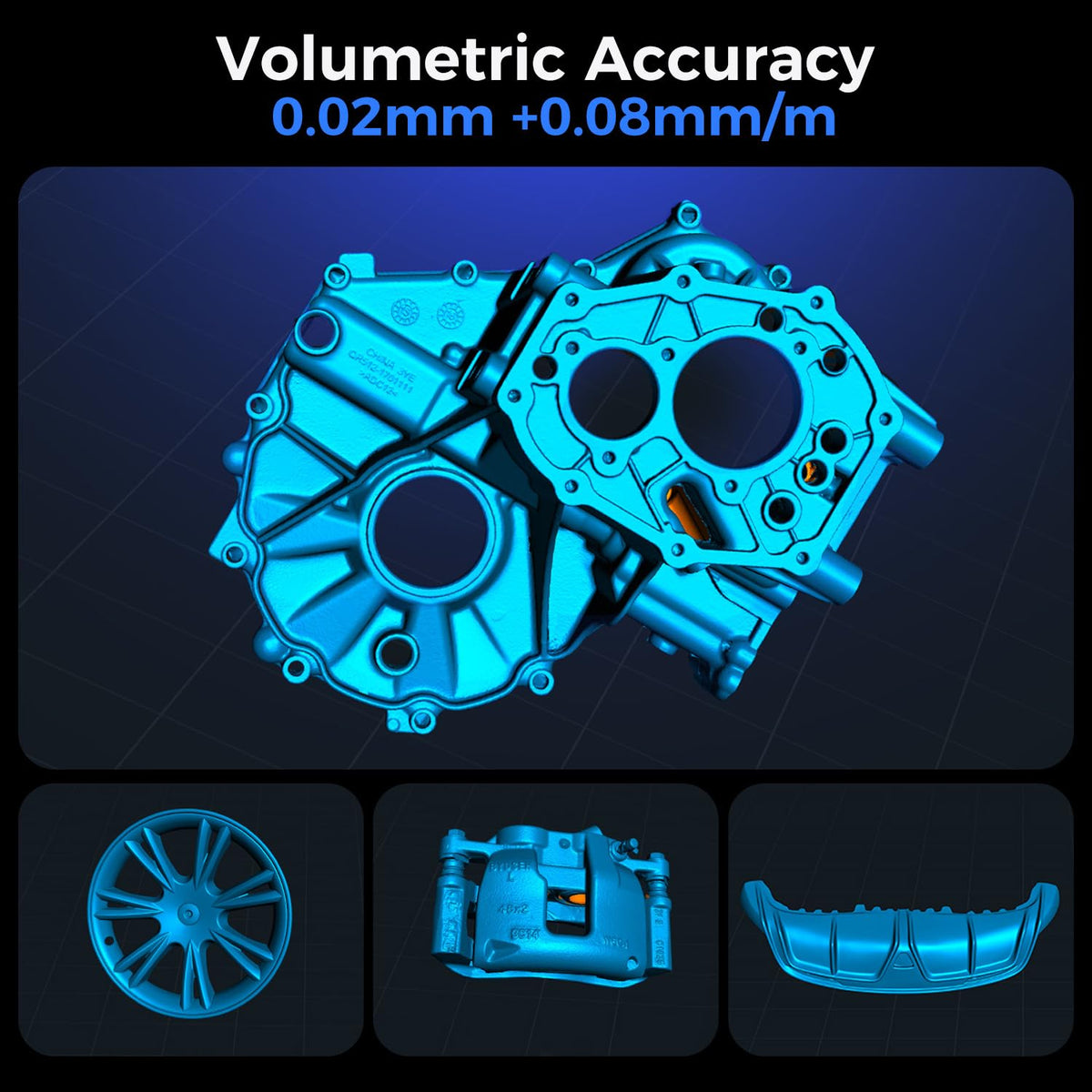 Automotive engine components with volumetric accuracy text on a dark background