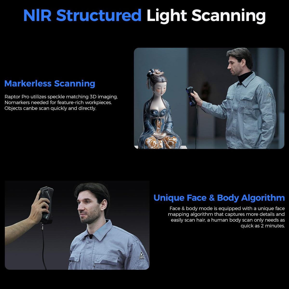 Advertisement for NIR Structured Light Scanning technology with a person using a device on a model.