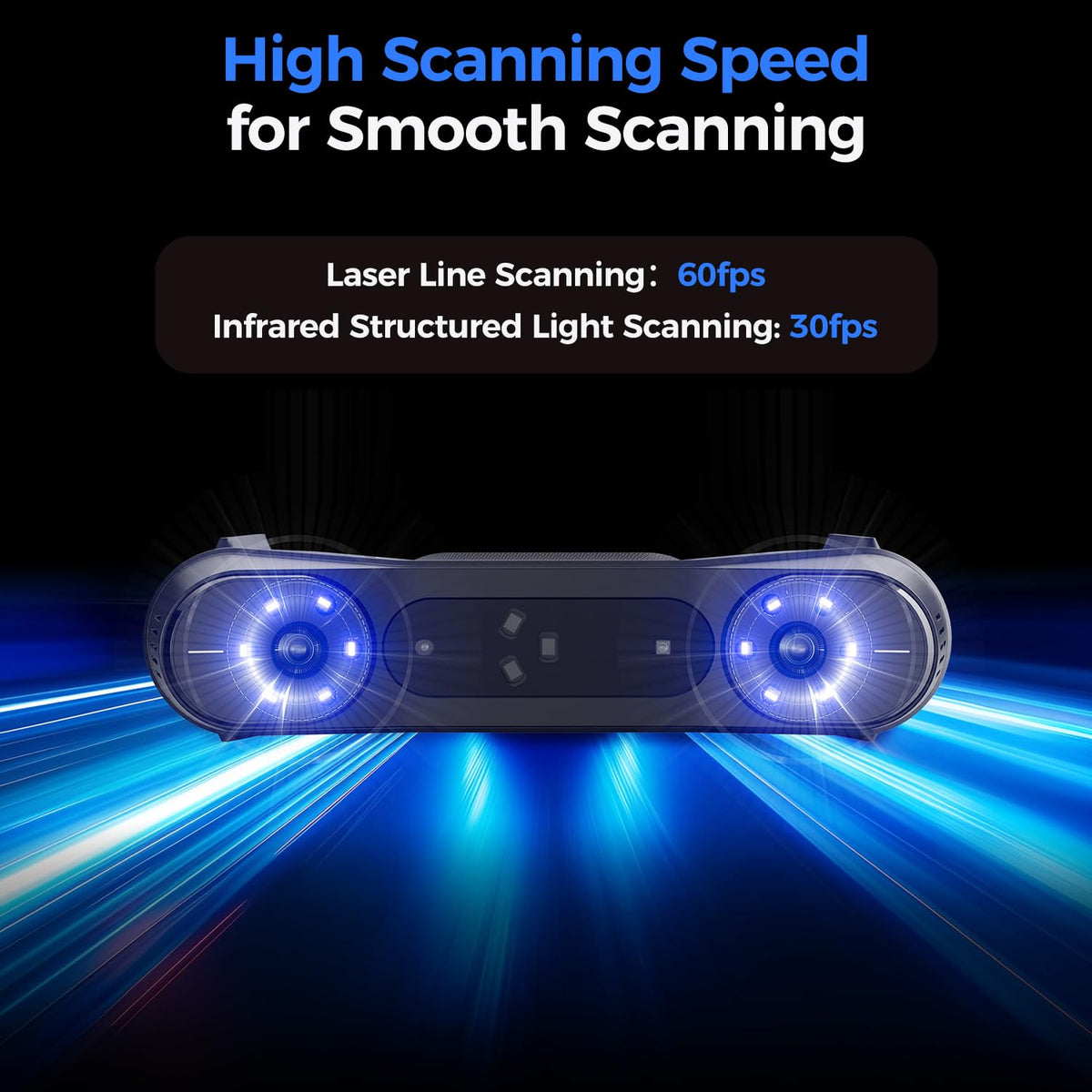 Scanning device with laser lines and text about high scanning speed on a dark background