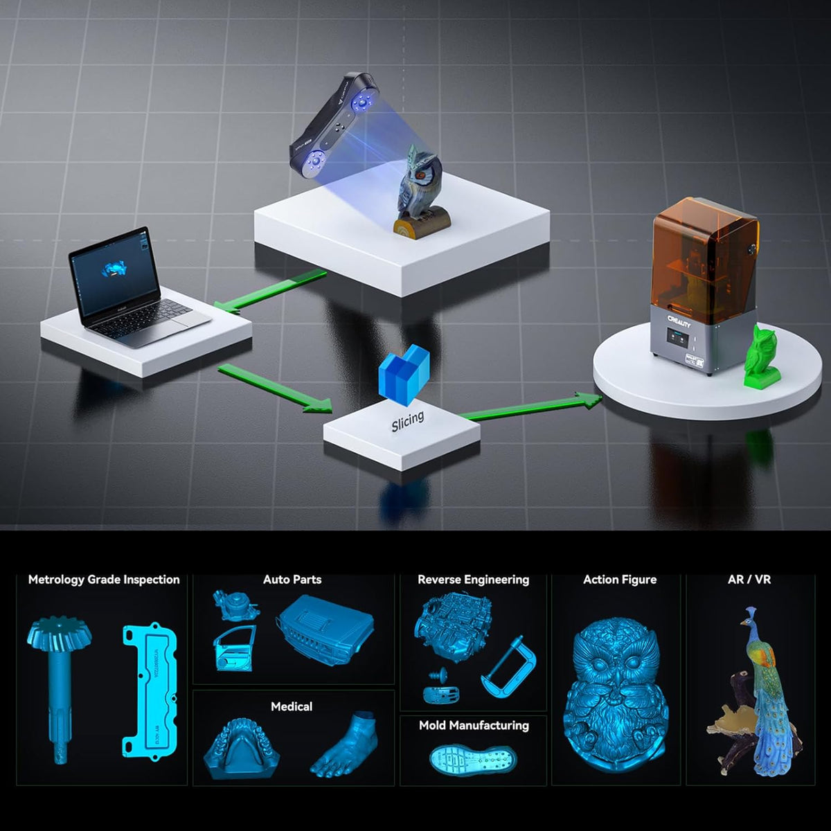 3D printing process with laptop, printer, and sliced models on a grid background