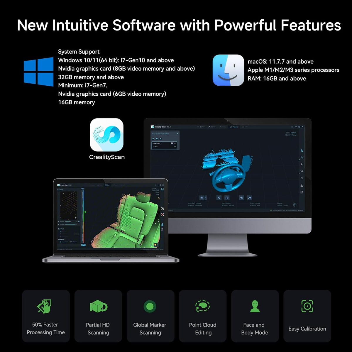 Software interface with system support details and features on a black background