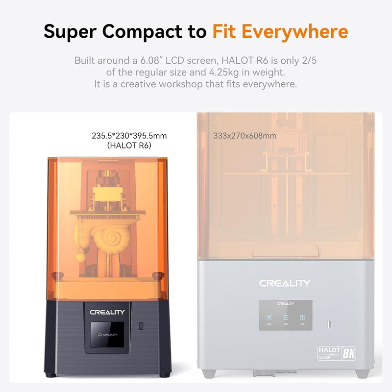 Creality Resin 3D Printer for Kids and Beginners, HALOT R6 Fully Assembled, Upgraded Light Source with High-Precision Printing, LCD Monochrome Screen Simple Workflow 3D Resin Printers