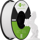 A spool of white 3D printer filament with a black and green Soleyin label, shown next to a small white horse figurine on a plain white background.