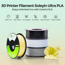 3D printer filament spools with a 3D printed object on a light green background