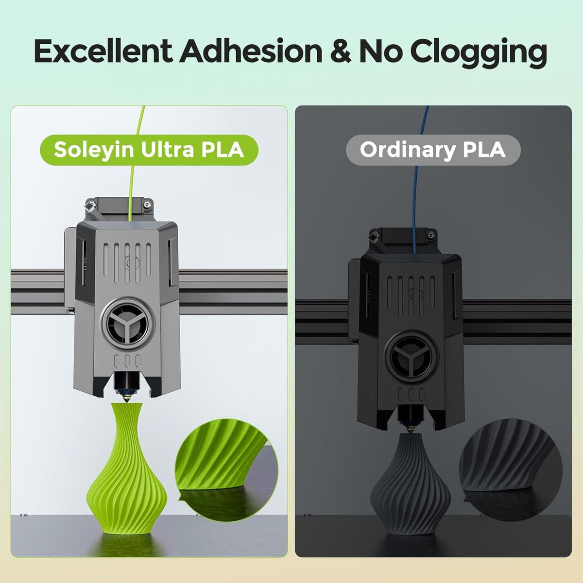 Soleyin Ultra PLA and ordinary PLA comparison graphic with printed objects on a light green background.