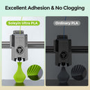 Comparison of Soleyin Ultra PLA and Ordinary PLA with 3D printed objects on a light green background.