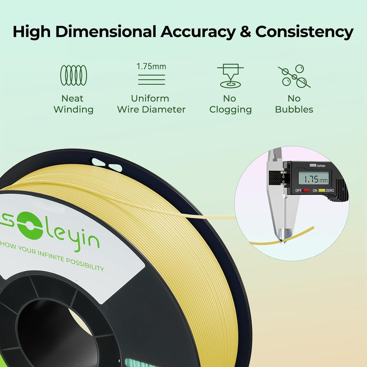 Yellow Soleyin Ultra PLA filament spool with a measurement tool on a light green background.
