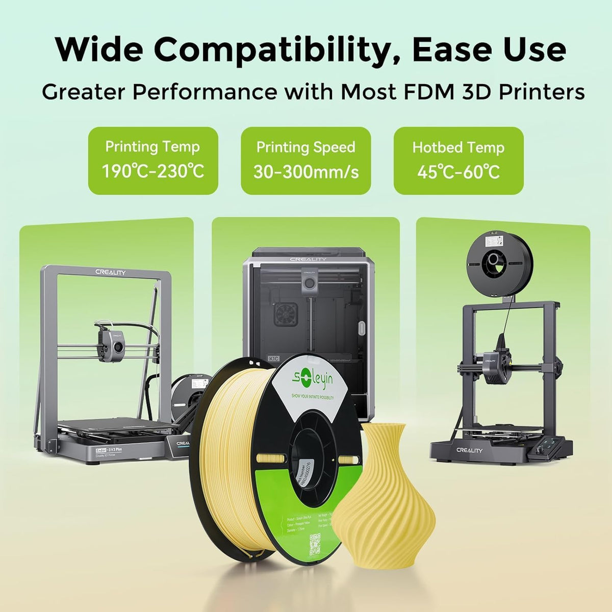 Soleyin Ultra PLA gallery image showing a printer, filament spool and printed object on a gradient background.