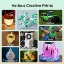 Collage of various 3D printed items with labels under categories like Daily Use, Creative Artwork, Hobbies, etc.