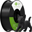 A spool of black 3D printing filament with a white and green label, shown next to a small black cat figurine on a plain white background. The brand name 'soleyin' is visible on the spool label.
