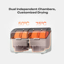 Drying device with dual independent chambers and customizable temperatures on a white background
