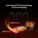 Diagram of a ceramic PTC heater with 360-degree heating technology on a dark background.