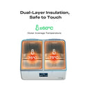 Heating device with dual-layer insulation and safe to touch feature, showing temperature display.